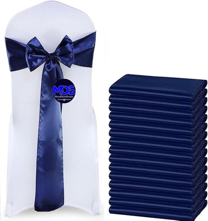 MDS Pack of 25 PCS Satin Chair Sashes Charmeuse Sateen Dining Chair Bows Ribbon Ties Back Sash for Wedding Party Birthday Home Hotel Restaurant Banquet Decoration (7 x 108 Inch, Navy Blue)