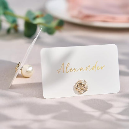 UNIQOOO 24Pcs Decorative Rose Floral Place Card Holders Bulk, Luxury Gold Metal Name Card Stands Set, for Wedding Table Setting, Business Card, Name Tag, Party Food Labels