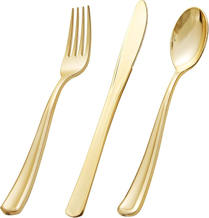 bUCLA 600 Pieces Gold Plastic Silverware - Disposable Gold Utensils - Heavyweight Plastic Cutlery set- 200 Forks, 200 Spoons, 200 Knives for Party & Thanksgiving
