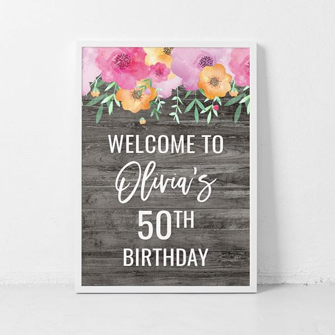 Andaz Press Personalized Extra Large Birthday Easel Board Party Sign, 12x18-inch, Pink Floral Flowers on Gray Rustic Wood, Welcome to Olivia's 50th Birthday, 1-Pack, Custom Name Age