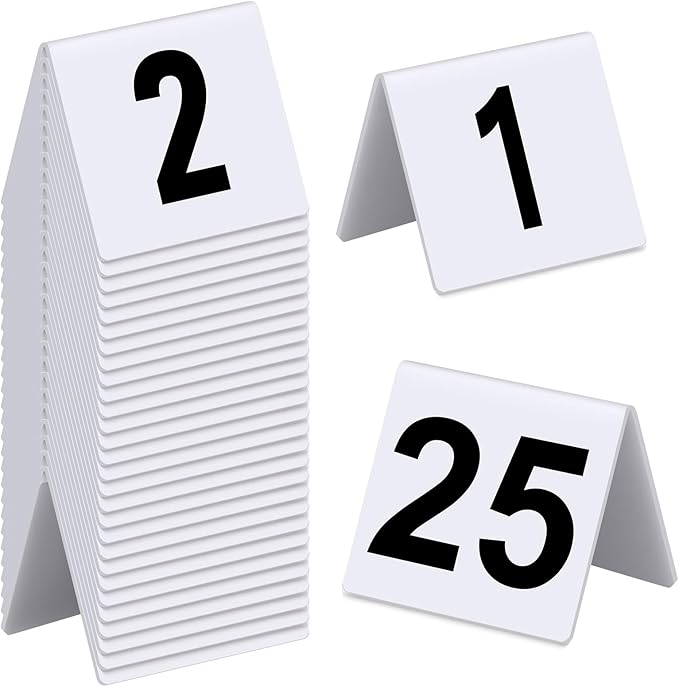 Tuanse Table Numbers 1-25 Acrylic Double Side Numbered Table Tents Plastic Restaurant Wedding Numbers Cards Signs for Party Banquets Wedding Reception(White, Black)