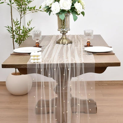 Joanlody Fall Pearl Table Runner 10ft Rustic Boho Tulle Table Runner with Pearls for Baby Shower Wedding Party Veil Dessert Thanksgiving Table Decor Champagne
