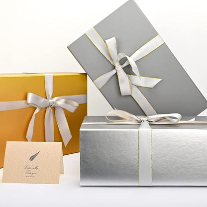 LIFELUM Gift Boxes with Lids,5 Pack 13.85 x 8.35 x 4.45 inch Silver Gift Boxes with Ribbon, Card, Shredded Paper Filler Gift Boxes for Presents,Graduation,Christmas,Birthdays