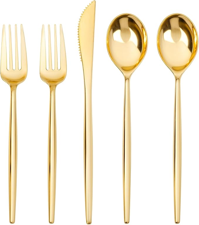 SUT 300 Pcs Gold Plastic Cutlery, Gold Utensils Disposable, Gold Plastic Silverware Set Include 100 Gold Plastic Forks, 100 Gold Plastic Spoons, 100 Gold Plastic Knives Heavy Duty Flatware for Party
