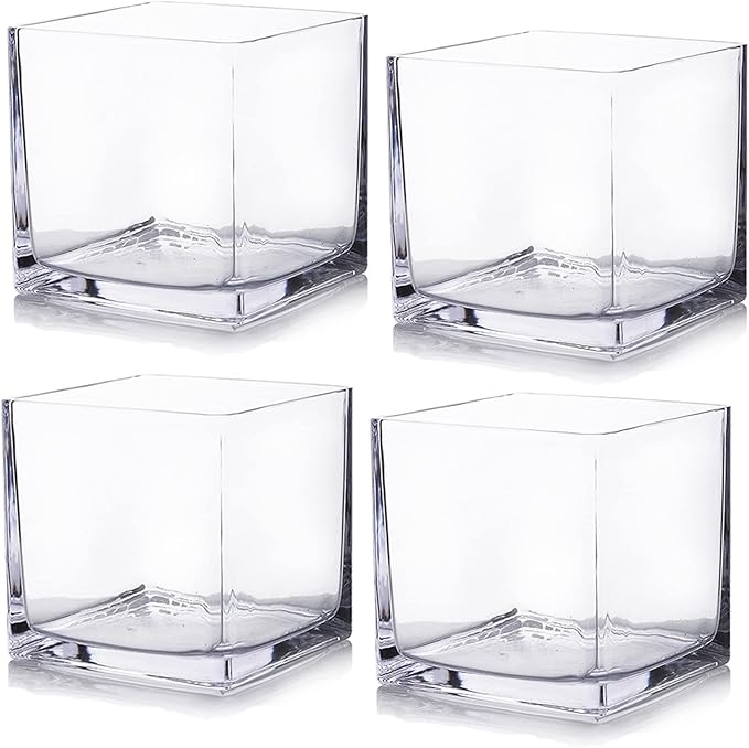 Enova Floral Set of 4 Cube Glass Vase, 6x6X6 Inch Glass Vase for Flowers Planter, Clear Square Glass Vases, Floating Candle Holders, Table Decorative Vase for Wedding Centerpieces, Home Office Décor