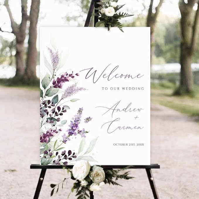 Welcome To Our Wedding Sign, Lavender Floral Boho Wedding Welcome Sign, 12x18, 18x27, 24x36 inches, Plastic, Weatherproof & Fade-Resistant