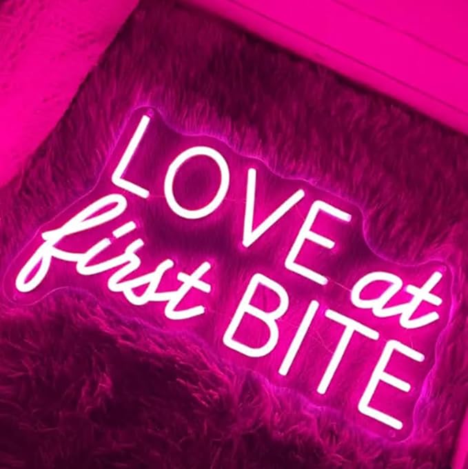 Love At First Bite Neon Sign, Custom Dessert Table LED Neon Light Minimalist Wedding Food Dessert Bar Sign Decor Donut Wall Decoration Size:20x 11inches
