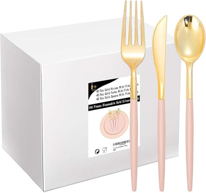 I00000 144Pcs Pink Plastic Silverware, Gold Disposable Flatware with Pink Handle, Gold Plastic Cutlery Set Includes: 48 Forks, 48 Knives and 48 Spoons Perfect for Party & Wedding