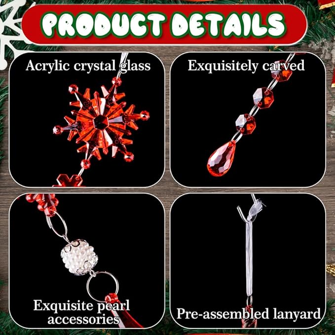 Lanpn 26pcs Christmas Ornaments Crystal Christmas Tree Decoration, Hanging Clear Acrylic Snowflake Icicle Drop Pendants for Xmas Winter Outdoor Indoor Party Decoration Red