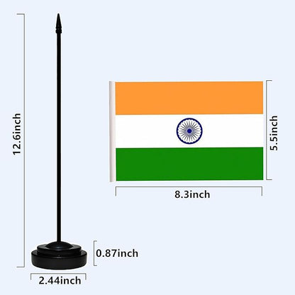 India Indian Deluxe Desk Flag Set Small Mini Miniature India Indian Table Desktop Flags With Solid Pole, Black Base and Spear Top(2 Pack)