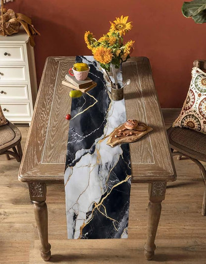 Black White Marble Cotton Linen Table Runner for Dining Kitchen, Wedding Outdoor Party Tablerunners Decoration, Nature Marble Crack Modern Art Dresser Scarf Coffee Tablecloth Runners 13x90 Inches