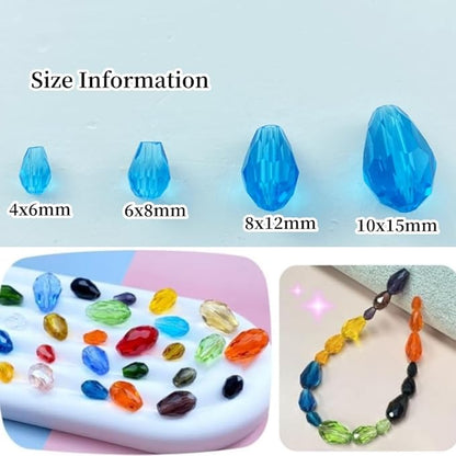 200pcs 4x6mm Teardrop Crystal Glass Beads Vertical Hole Faceted Glass Teardrop Spacer Beads for Bracelets Necklace Earring DIY Jewelry Making Craft(Lake Blue)