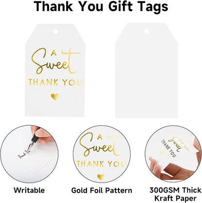 A Sweet Thank You Tags, joycraft 50Pcs Gold Thank You Gift Tags with String, 3x2 in White Kraft Paper Gift Tags, Sweet Thank You Tags for Wedding, Baby Shower, Birthday, Anniversary, Gift Wrap