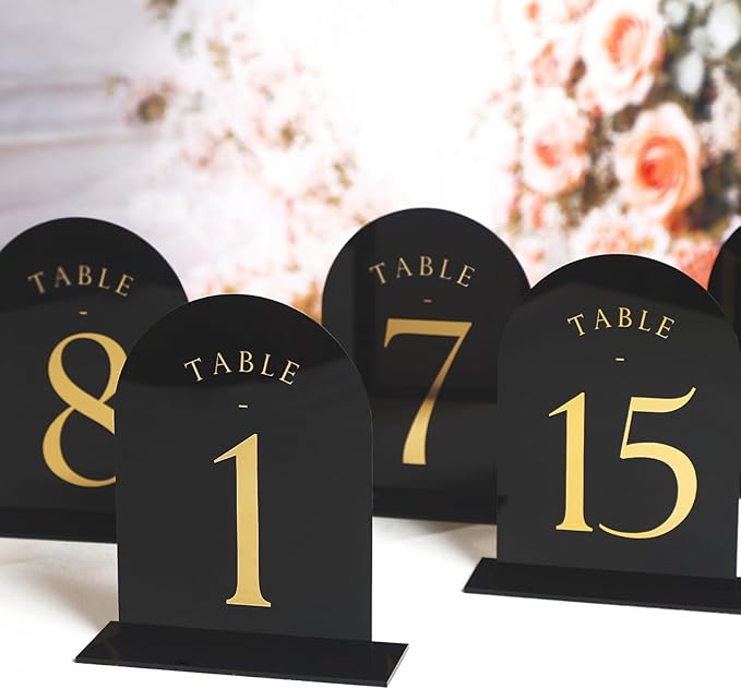 UNIQOOO Black Arch Wedding Table Numbers with Stands 1-20, Gold Foil Printed 5x7 Double Sided Acrylic Signs and Holders, Perfect for Centerpiece, Reception, Decoration, Party, Anniversary, Event