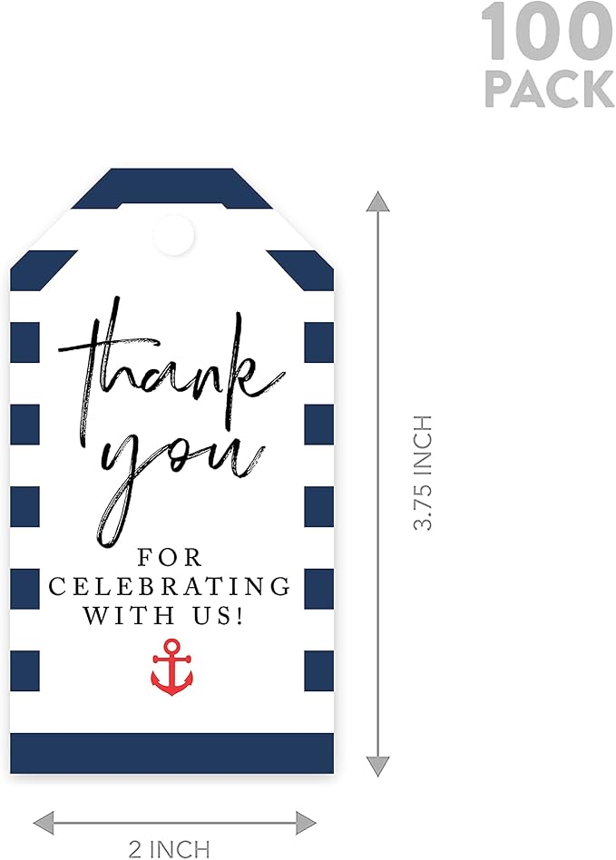Andaz Press 100-Pack Thank You for Celebrating with Us Favor Tags Nautical Beach Cardstock Gift Tags with Bakers Twine for Wedding Baby Shower Bridal Shower Birthday Party Favors 2 x 3.75-Inches