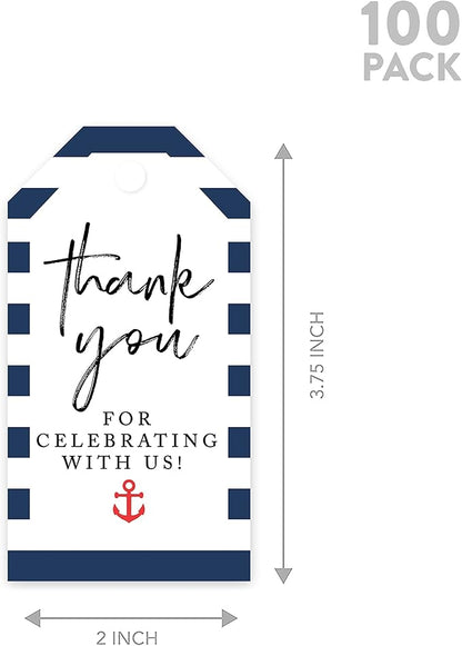 Andaz Press 100-Pack Thank You for Celebrating with Us Favor Tags Nautical Beach Cardstock Gift Tags with Bakers Twine for Wedding Baby Shower Bridal Shower Birthday Party Favors 2 x 3.75-Inches