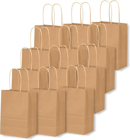 qiqee 25 Pcs Brown Mini Gift Bags with Handles 6"x4.5"x2.5" Small Paper Kraft Party Treat Bags