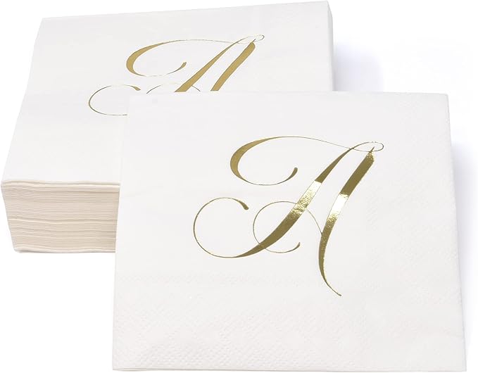 Gift Boutique 100 Gold Letter A Monogram Cocktail Napkins Disposable Paper Pack Elegant Metallic Golden Foil Hand Napkin for Powder Room Wedding Holiday Birthday Party Baby Shower Decorative Towels