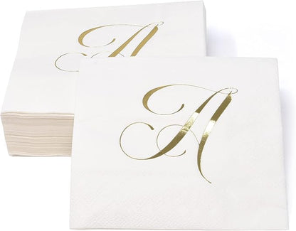Gift Boutique 100 Gold Letter A Monogram Cocktail Napkins Disposable Paper Pack Elegant Metallic Golden Foil Hand Napkin for Powder Room Wedding Holiday Birthday Party Baby Shower Decorative Towels