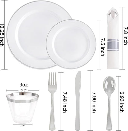 SUT 350 Pcs Silver Plastic Dinnerware Set for 50 Guests, Include: 50 Dinner Plates, 50 Dessert Plates, 50 Pre Rolled Napkins with Silver Silverware, 50 Cups, disposable plates for wedding, party