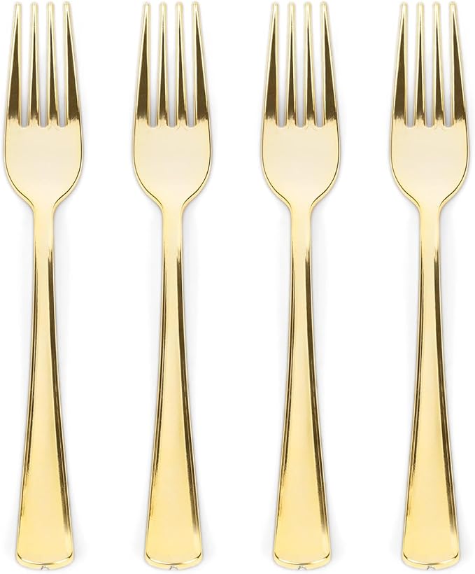 Prestee Set of 300 Gold Plastic Forks Disposable - 7-in Heavy-Duty Fork Flatware - Bulk Pack Fancy Silverware - Sturdy Elegant Cutlery for Weddings, Birthday Parties, Buffets, Catering, and Events