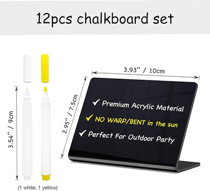 PigPotParty Acrylic Mini Chalkboard Signs for Outdoor Party Buffet, 12 Pcs 4"x3", Glossy Black Elegant Food Labels for Wedding, Table Signs, Place Cards, Include 2 Wet Erase Markers