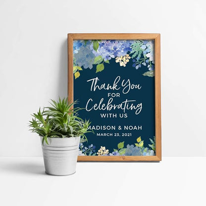 Andaz Press Personalized Extra Large Wedding Easel Board Party Sign, 12x18-inch, Baby Blue Hydrangea Floral Flowers on Navy, Thank You for Celebrating With Us Bride Groom Name Date, 1-Pack, Custom
