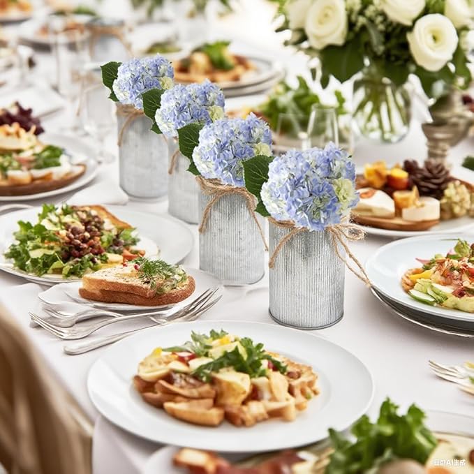 6" High Vase Centerpiece for Table, Rustic Farmhouse Mason Jars with Twine Bow, Vintage Galvanized Metal Flower Container for Wedding Home Decor (Silver, 6Pcs)