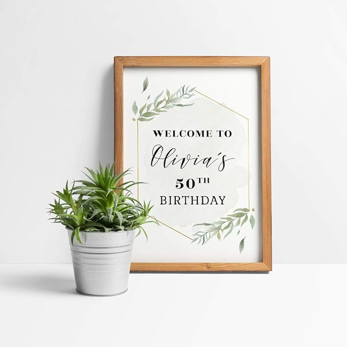Andaz Press Personalized Extra Large Birthday Easel Board Party Sign, 12x18-inch, Modern Black, Gold with Green Leaves Florals, Welcome to Olivia's 50th Birthday, 1-Pack, Custom Name Age