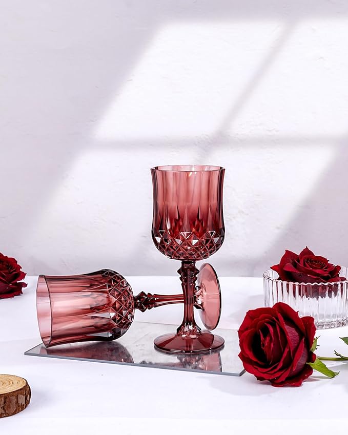 Ciaell 24PCS Burgundy Plastic Wine Glasses - 7 Oz Plastic Goblets for Party - Burgundy Vintage Drinking Glasses - Disposable Water Goblets Set for Wedding, Bar, Wine, Beer, Juice & Christmas