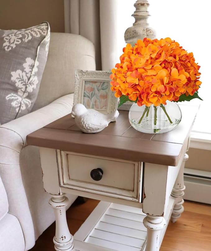 Hollyone Hydrangea Artificial Flowers in Vase Orange Silk Fake Flowers Arrangements with Glass Vase with Faux Water Faux Floral Bulk Bouquet for Office Table Centerpiece Shelf Home Decoration