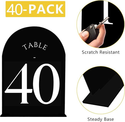 JOYIT Arch Wedding Table Numbers 1-40 with Stands – Double-Sided Printed 5" X 7" Acrylic Table Signs with Black Background White Text, Perfect Acrylic Table Numbers for Wedding Receptions, Parties, Anniversaries, and Events
