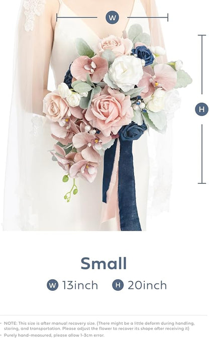 Ling's moment Pink Blue Bridal Bouquet Cascading, Dusty Rose Navy Wedding Bouquets for Bride, 13 Inch Bride Artificial Flowers Bouquets