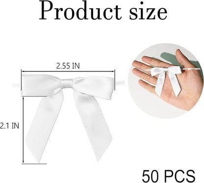 50Pcs White Twist Tie Bows for Gift Wrapping 2.5" Satin Ribbon Bow for Treat Bags Balloons Birthday Party Favors Wedding Decorations