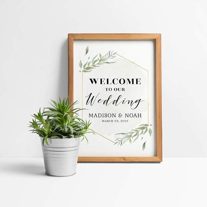 Andaz Press Personalized Extra Large Wedding Easel Board Party Sign, 12x18-inch, Modern Black, Gold with Green Leaves Florals, Welcome to Our Wedding Bride Groom Name Date, 1-Pack, Custom
