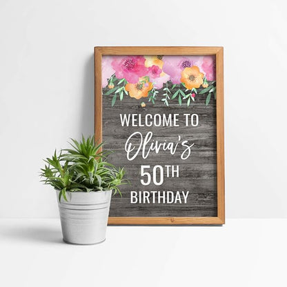 Andaz Press Personalized Extra Large Birthday Easel Board Party Sign, 12x18-inch, Pink Floral Flowers on Gray Rustic Wood, Welcome to Olivia's 50th Birthday, 1-Pack, Custom Name Age
