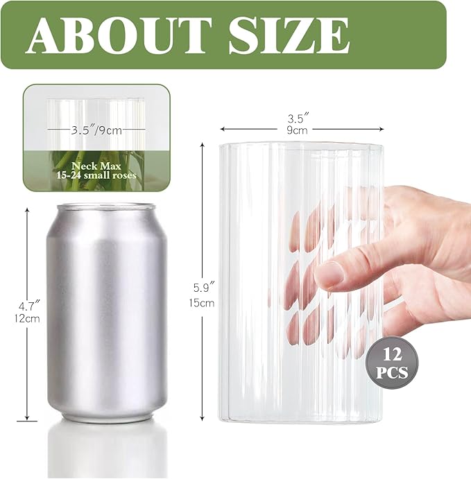12Pcs Glass Cylinder vases for Centerpieces, 6 Inches Clear Ribbed Bud Vases for Wedding Decorations,Floral Vase Bulk Flower vases,Tall Glass Hurricane Candle Holder for Table Shelf, Party(Ribbed)