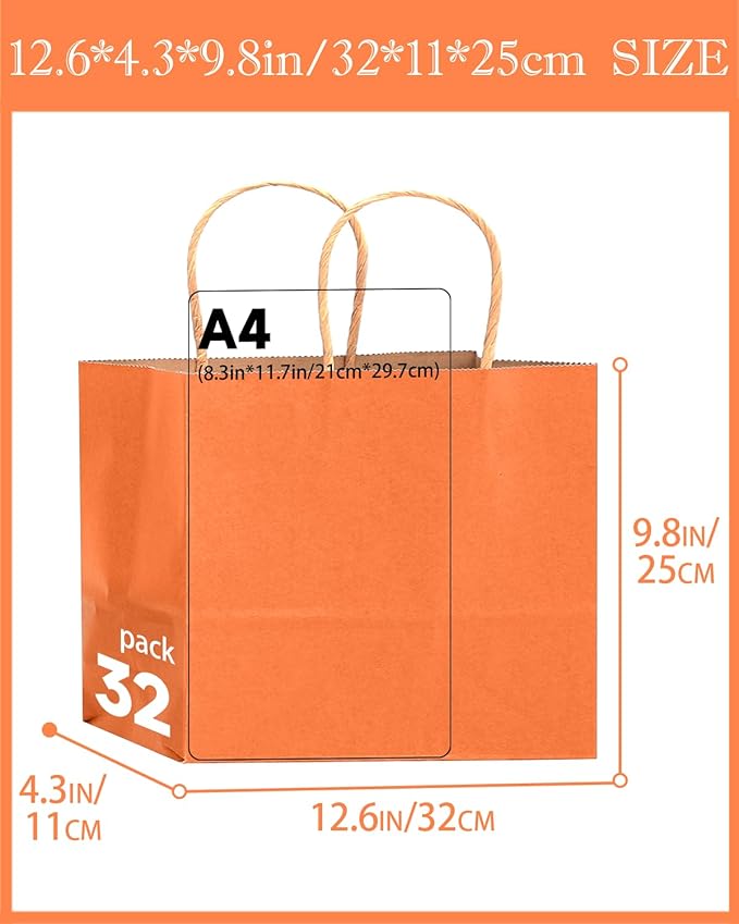 qiqee 100PCS Large Gift Bag with Handles Bulk 13"x4.5"x10" Gift Bags Kraft Orange Multiple Uses (32x11x25cm,Wide Large)
