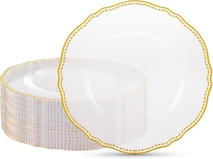 Hioasis 60pcs Clear Plastic Plates - Clear and Gold Disposable Dinnerware with Gold Rim, Heavy-duty, 10.25 inch, Dinner Plates for Party & Wedding