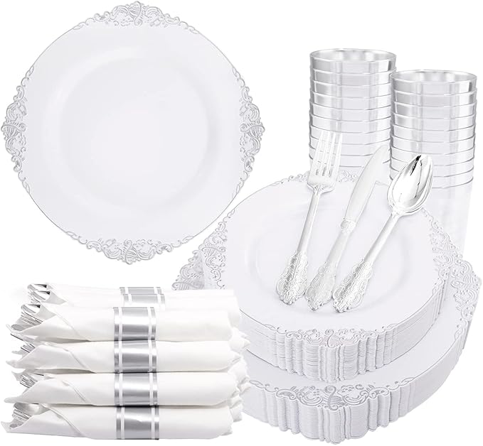 Liacere 350PCS Silver Plastic Plates&Pre Rolled Napkins for 50 Guests - Plastic Dinnerware Sets 100Silver Disposable Plates, 150Silver Silverware, 50Cups and 50Napkins for Wedding