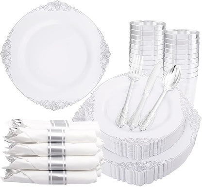 Liacere 350PCS Silver Plastic Plates&Pre Rolled Napkins for 50 Guests - Plastic Dinnerware Sets 100Silver Disposable Plates, 150Silver Silverware, 50Cups and 50Napkins for Wedding