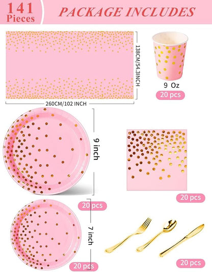 141 Pieces Pink and Gold Party Supplies, Party Dinnerware Sets Include Paper Plates Napkins Cups Silverware, for Wedding Bridal Shower Engagement Birthday Parties Decoration -20 Serves