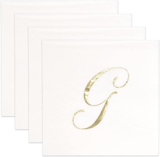 Gift Boutique 100 Gold Monogram Cocktail Napkins Letter G Disposable Paper Pack Elegant Metallic Golden Foil Hand Napkin for Powder Room Wedding Holiday Birthday Party Baby Shower Decorative Towels