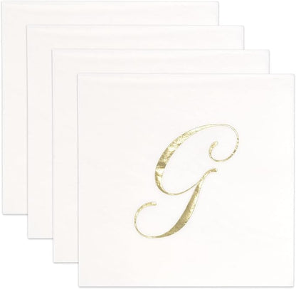 Gift Boutique 100 Gold Monogram Cocktail Napkins Letter G Disposable Paper Pack Elegant Metallic Golden Foil Hand Napkin for Powder Room Wedding Holiday Birthday Party Baby Shower Decorative Towels