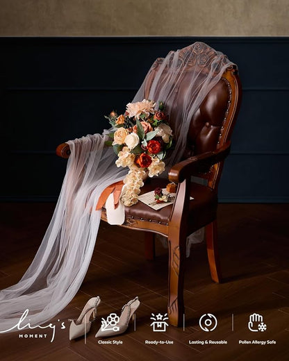 Ling's moment Terracotta Bridal Bouquet Cascading, Orange Wedding Bouquets for Bride, 13 Inch Bride Bouquets for Wedding Artificial Flowers Bouquets