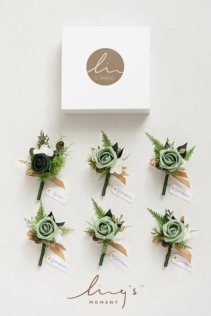 Ling's Moment Boutonniere for Men, 6pcs Groom Groomsmen Boutonniere, Artificial Flowers for Wedding Decor/Prom/Homecoming, etc.Green Beige