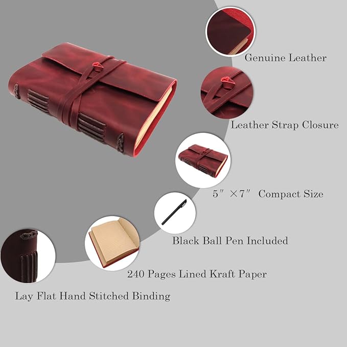 Red Notebook Journal - Genuine Leather Journals for Writing Small Size Diary 5.5x7.5 Inch, Notepad For Women and Man, Gifts,Work,Travel Wine Red