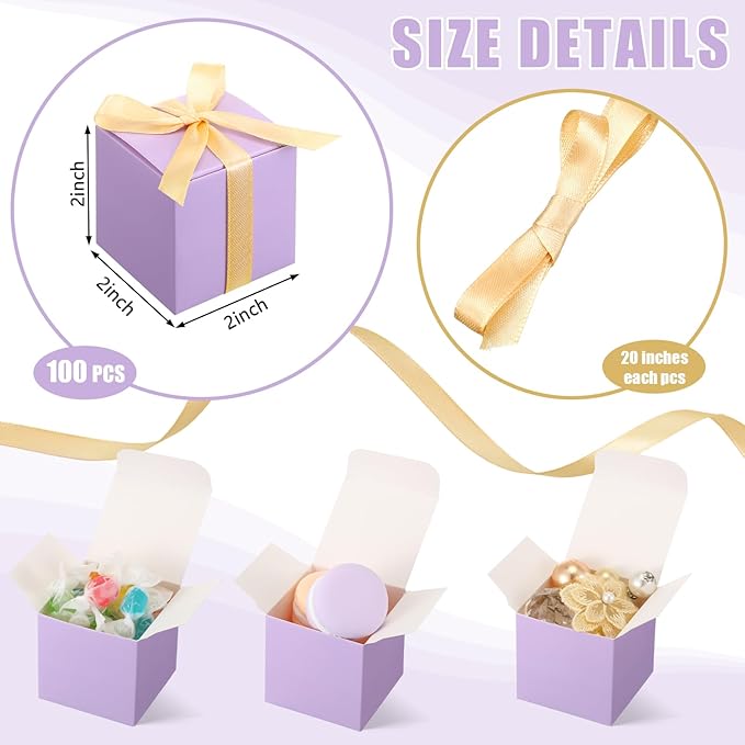 Jutom 100 Pcs Mini Favor Boxes Extra Small Candy Boxes Paper with Gold Ribbon for Christmas Thanksgiving Day Birthday Wedding Anniversary Supplies(2 x 2 x 2 Inch,Lavender)
