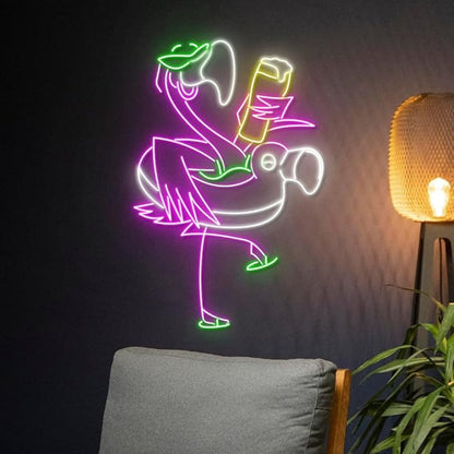 Custom Flamingo Drinking Beer Led Sign, Flamingo Chill Neon Light, Flamingo Pool Party Neon Sign,Flamingo Pool Toy Led Light Room Wall Decor Size:20inches