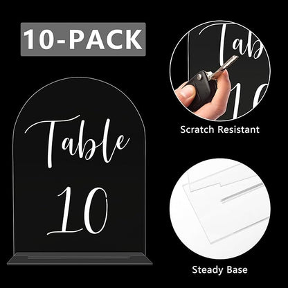 JOYIT Arch Wedding Table Numbers 1-10 with Stands – 5" X 7" Acrylic Table Signs with Clear Background White Text, Perfect Acrylic Table Numbers for Wedding Receptions, Parties, Anniversaries, and Events